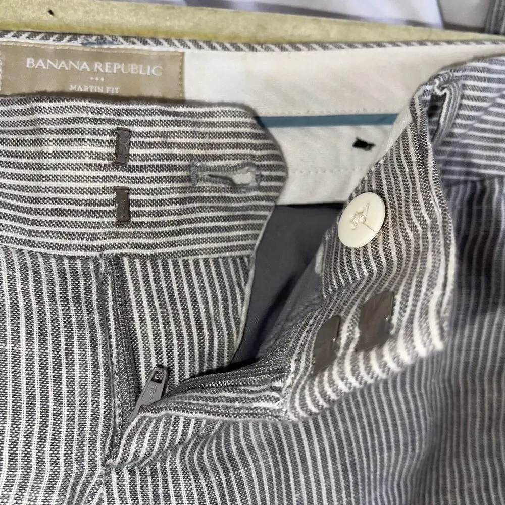 WOMENS BANANA REPUBLIC MARTIN FIT GRAY / WHITE STRIPED LINED LINEN PANTS SIZE 2